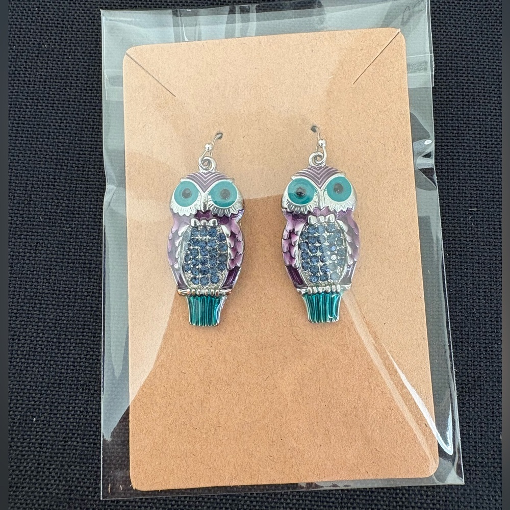 Vintage Enamel Purple and Teal Blue Owl Earrings - Picture 4 of 4